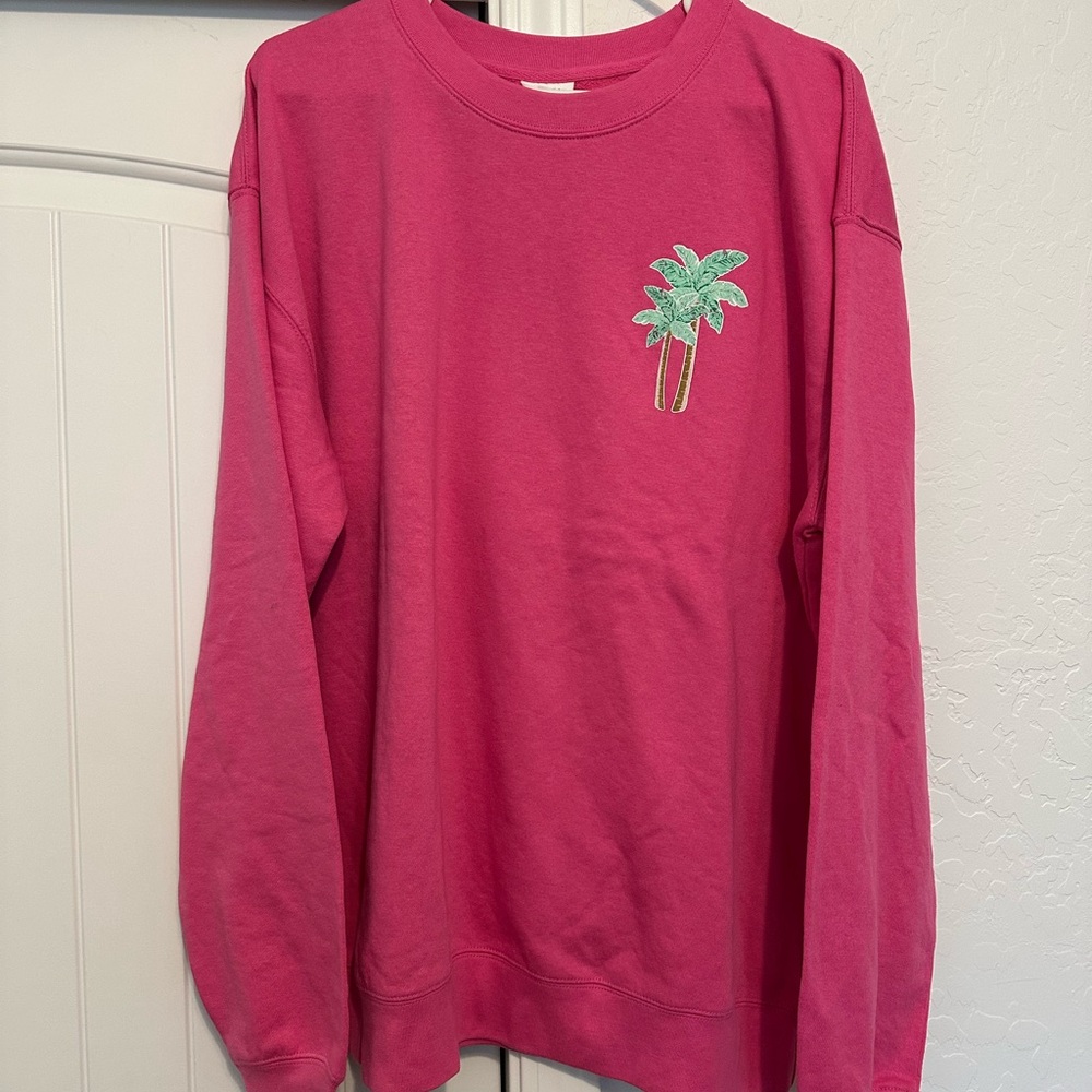 Living Fully Let’s Go Girl Pink Sweatshirt with Palm Tree Embroidery